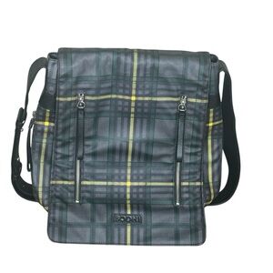 Bodhi Leather Messenger Laptop Bag Interior Exterior Zippered Pockets Plaid Grey